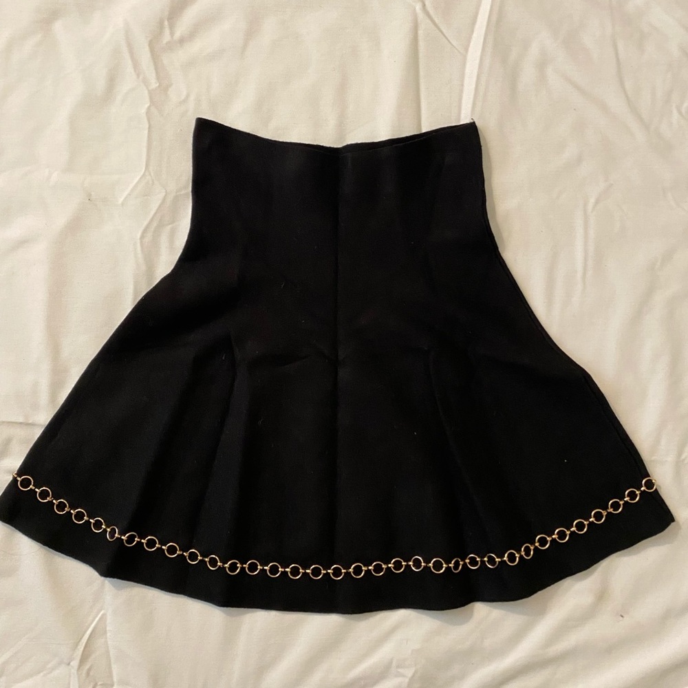 Black Knit Skater Skirt w/ Gold Metal Chain Hem